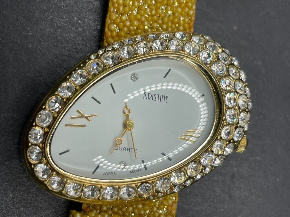Vtg Kristine Ladies Quartz Watch Rhinestone Round White Face Yellow Band 30mm